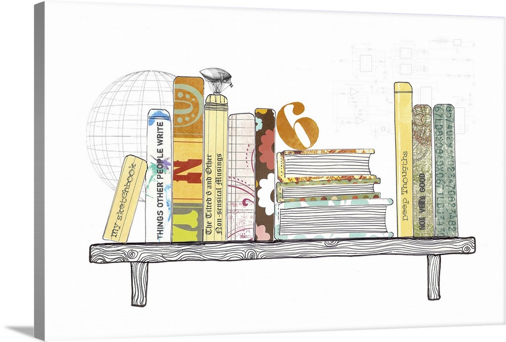 A mixed media poster and art print of an interpretation of a stack of books on a shelf. Illustration, collage and brushes ...