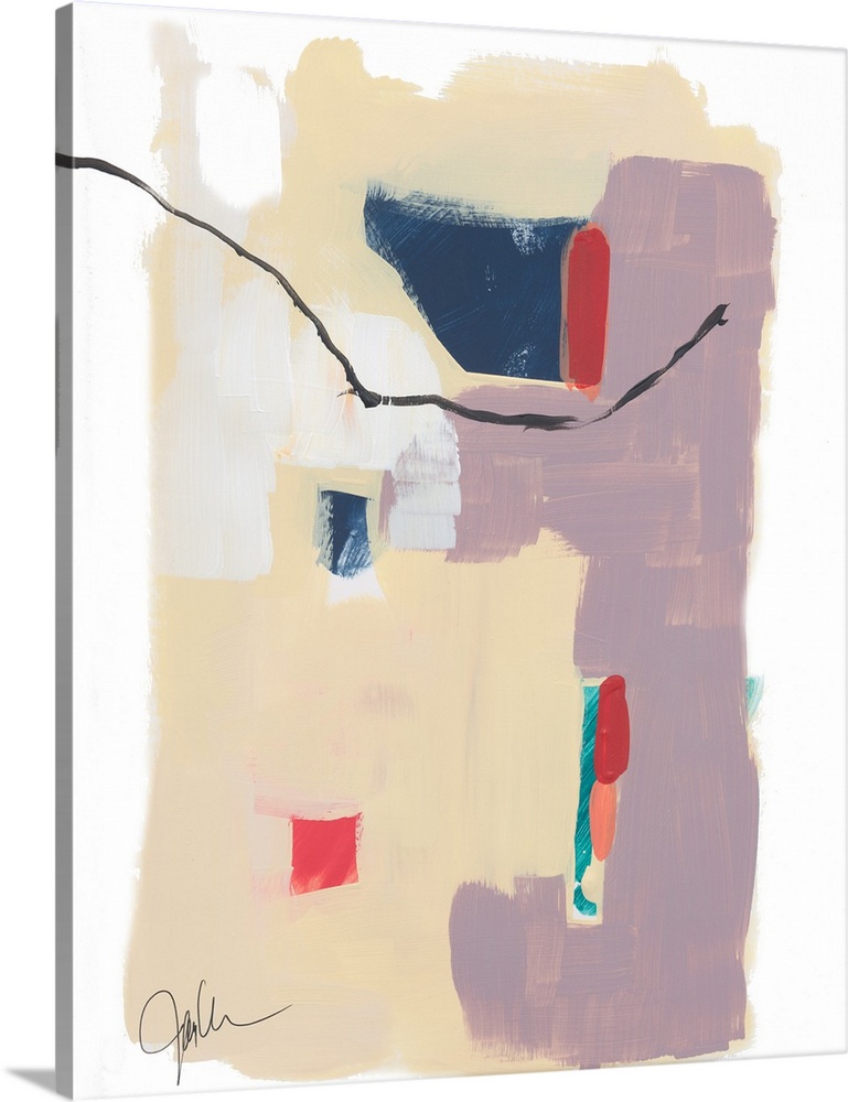 Abstract artwork featuring blocks of color in various shapes with a thin gestural brush stroke as an accent.