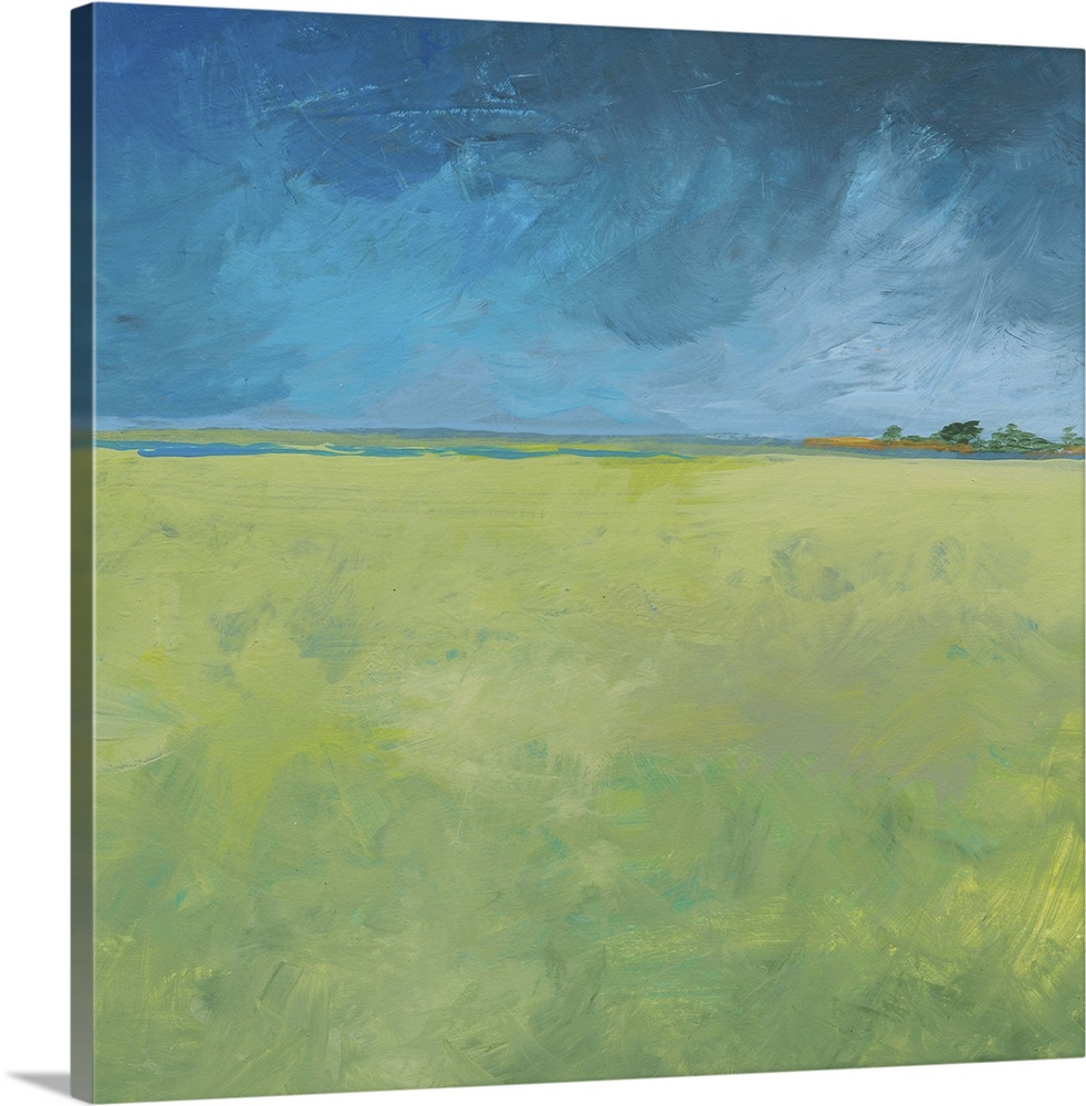 a minimal landscape on wood panel in acrylic. Green fields glow in fresh citrus colors after a heavy rain that shows in th...