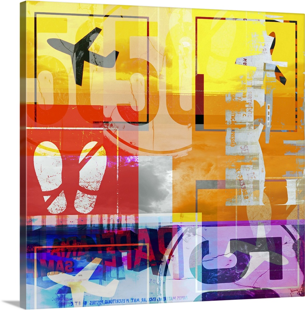 Abstract artwork that shows several different blocks of color with airplanes shown in the corners and other transportation...