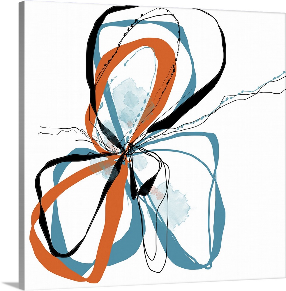 a bright floral with flowing lines of intertwined colors like aqua, tangerine and black.