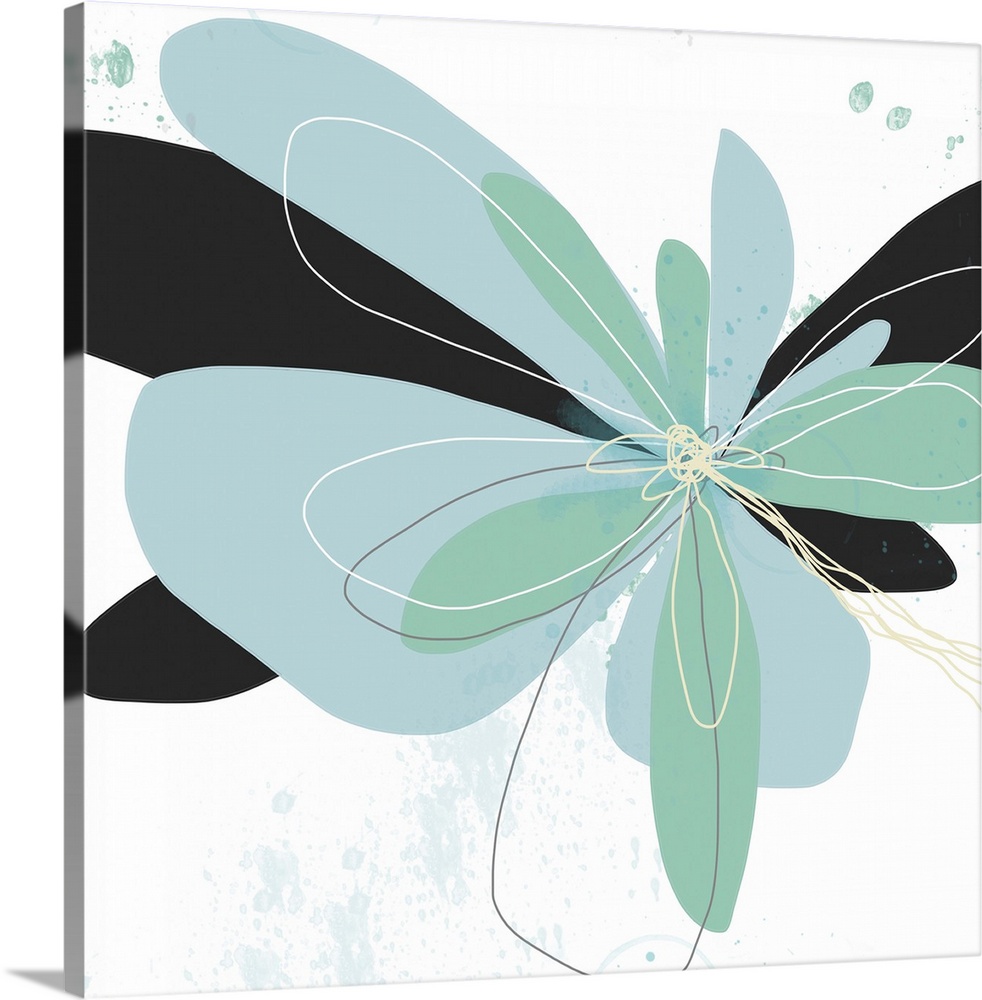 A contemporary flower floats effortlessly on a white background. Layered in shades of aqua with black accents for depth. P...