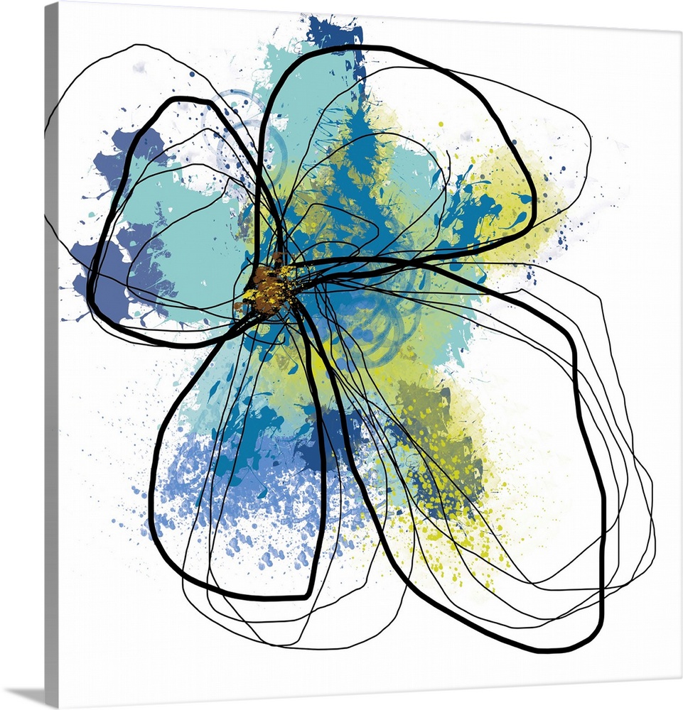 Huge contemporary art shows an outline for the top of a flower with splashes of different cool toned colors placed behind it.