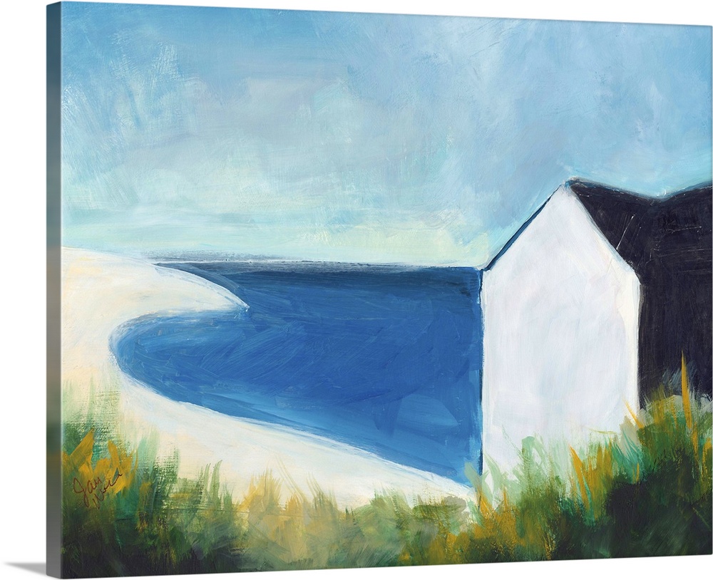 A contemporary abstract painting of the seashore that has a small beach hut on the right side and sea grass in the foregro...