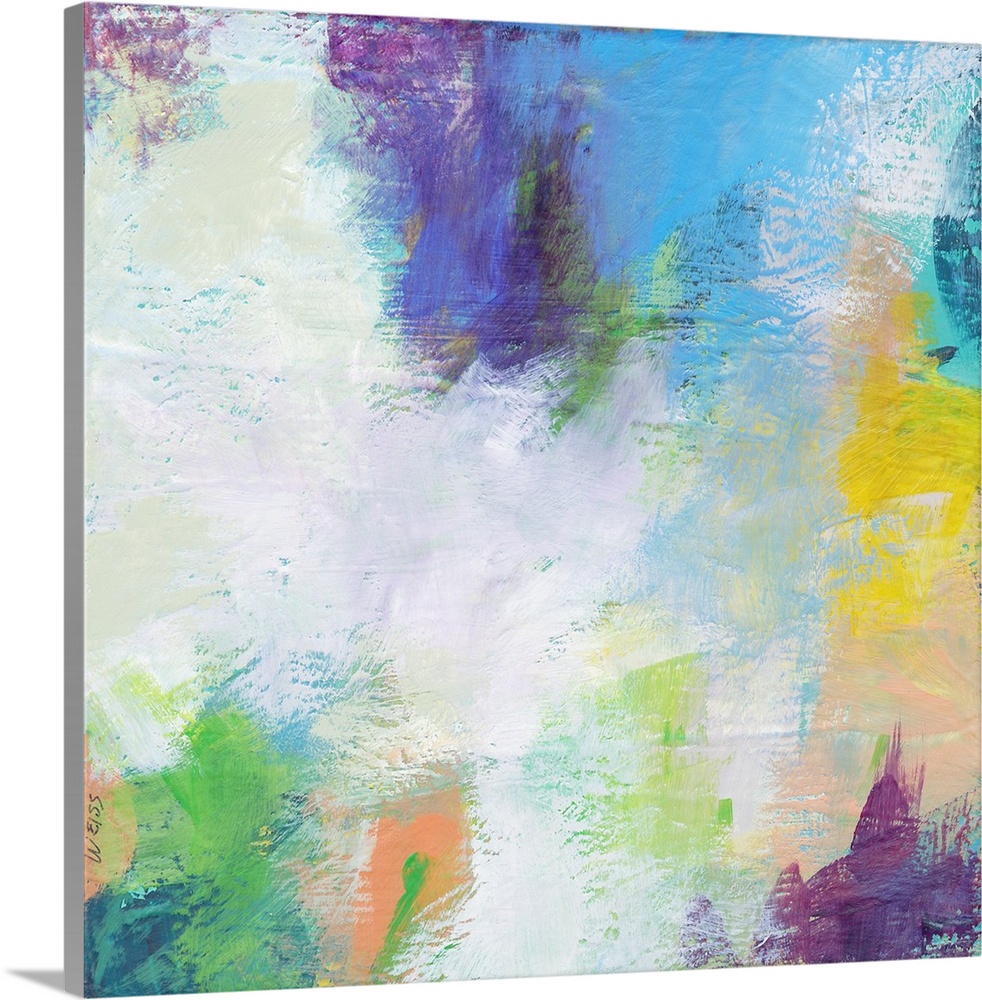 Abstract contemporary artwork in cool blue, purple, and white tones.