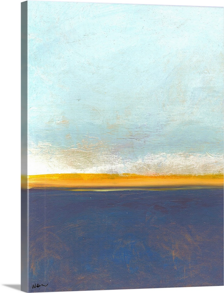An abstract artwork piece that looks to depict a large blue sky with land and water below. Different painting techniques a...
