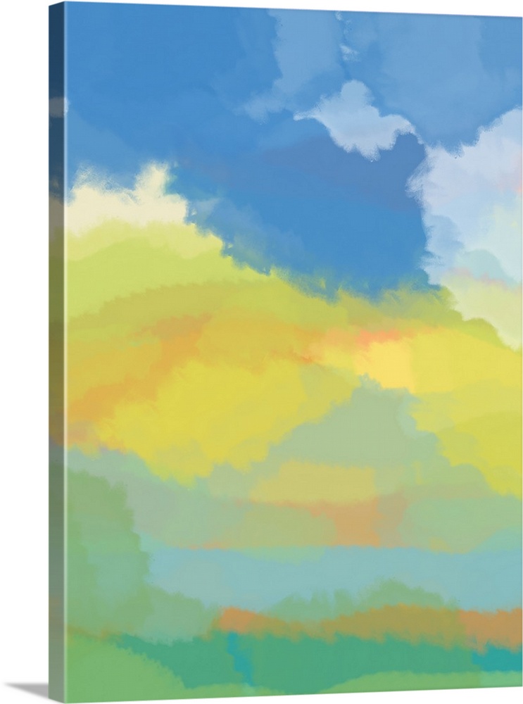 Abstract artwork resembling a deep blue sky over a yellow and green landscape.