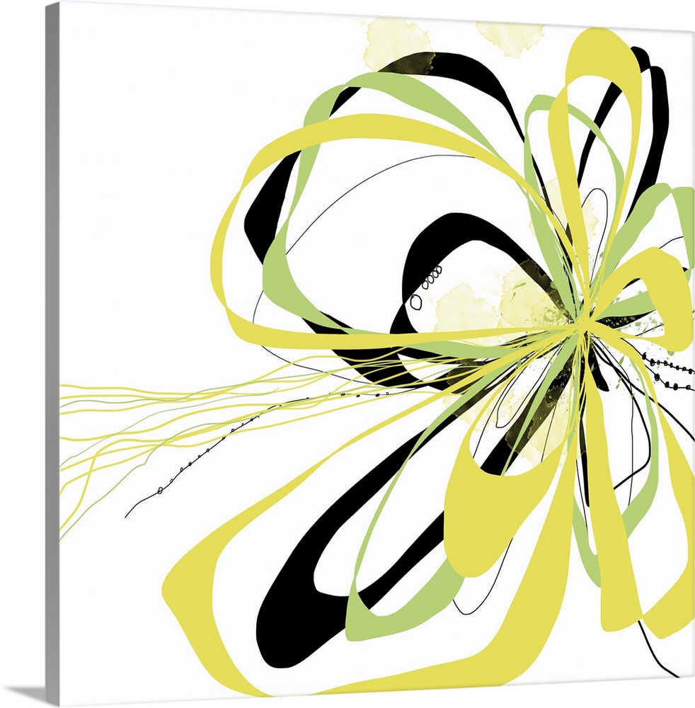 A bright floral with flowing lines of intertwined colors like yellow, citron and black.