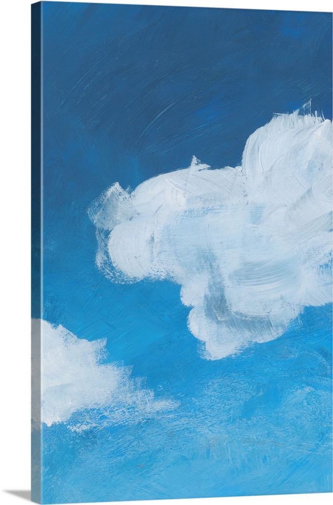 Contemporary artwork of fluffy white clouds against a gradated blue background.