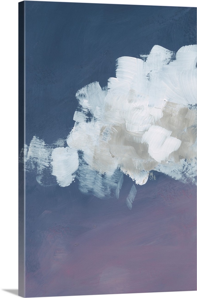 Contemporary artwork of fluffy white clouds against a gradated indigo background.