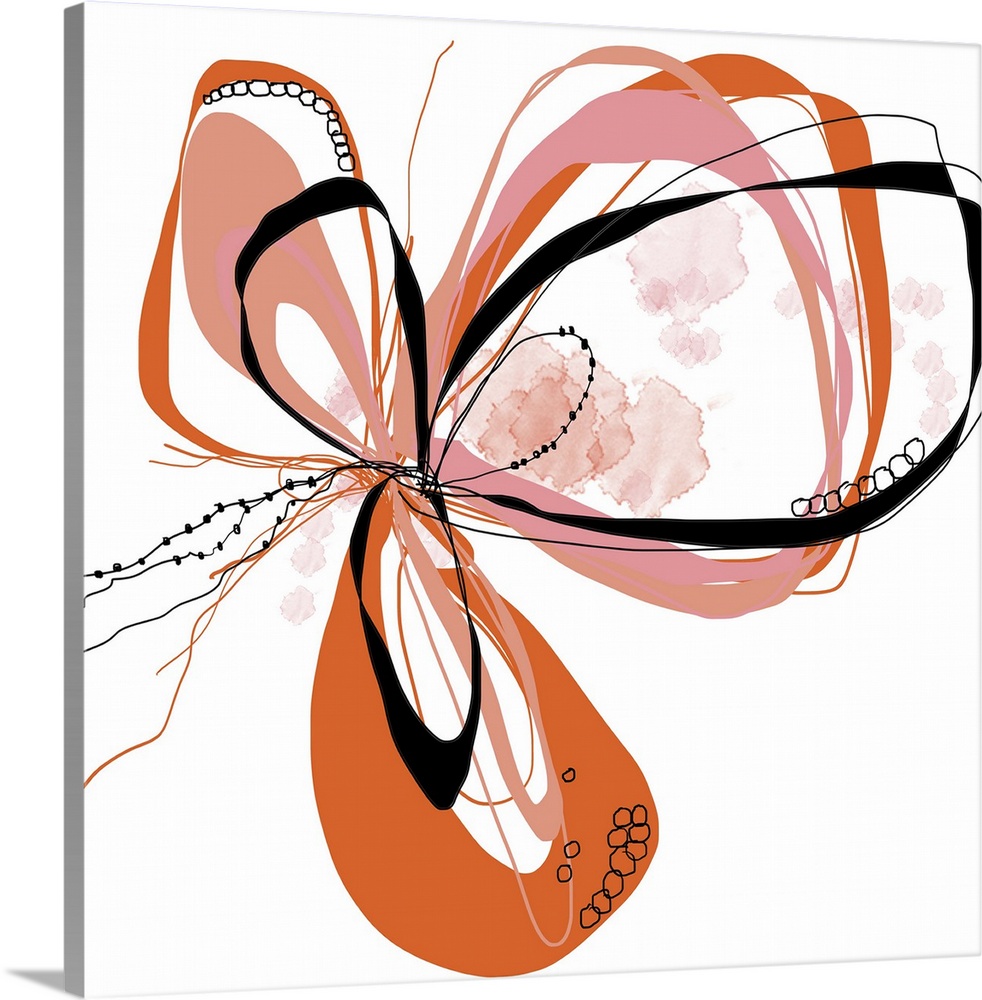 a bright floral with flowing lines of intertwined colors like coral, pink, orange and black.