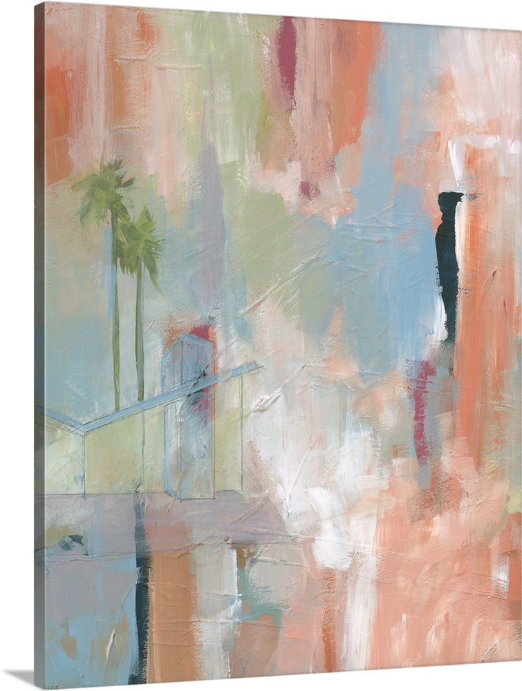 Contemporary abstract painting in shades of orange and blue, with subtle palm tree shapes.