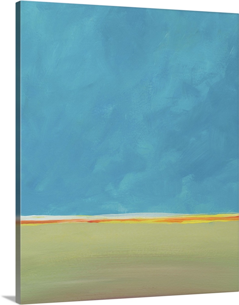 A blue sky and a calm horizon come together in this landscape painting. Green earth and open space.