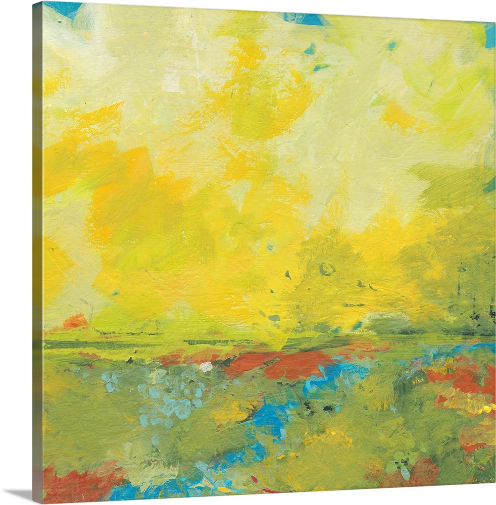 Giant, square abstract painting of earth and sky meeting.  Golden warm colors of the sky meet a horizon of green grasses, ...