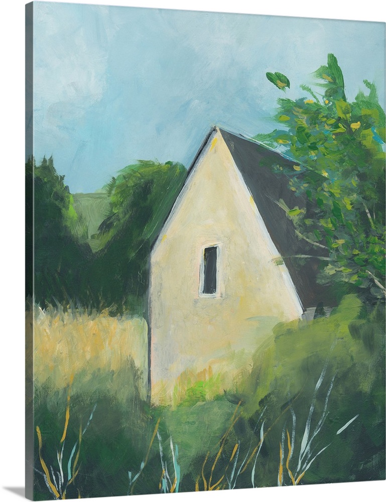 Vertical painting of a yellow house surround by trees in the country.