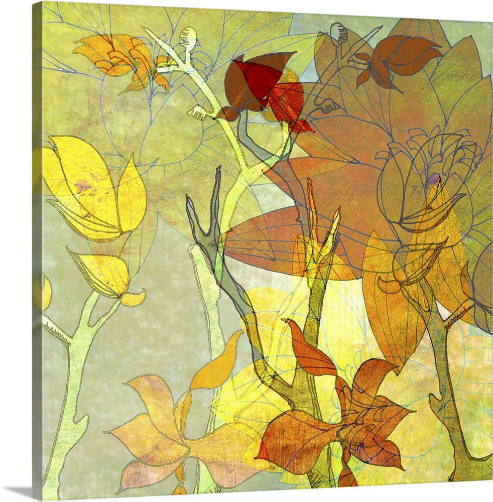 Contemporary abstract art of multicolored flowers and branches on a square canvas.