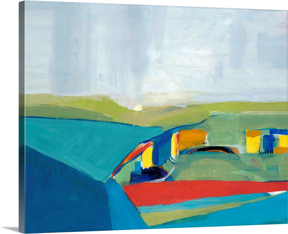 Abstract landscape of rolling hills in multiple colors such as blue, green, red, and yellow.