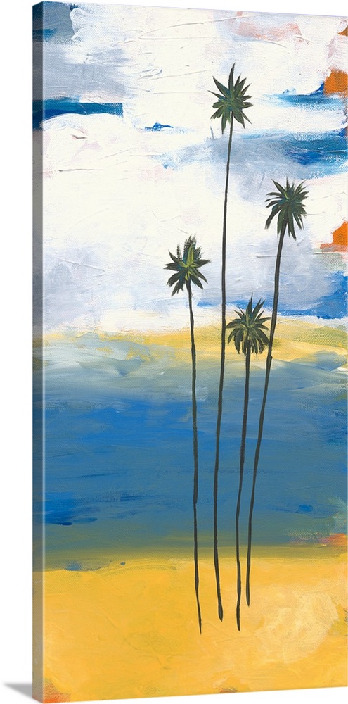 Contemporary artwork of four slender palm trees on the beach with white clouds in the distance.