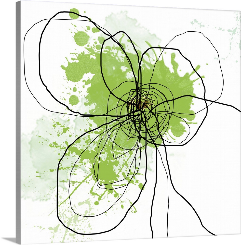 Oversized, square, abstract art of the outline of a flower illustrated with squiggly black lines and green splatters of pa...