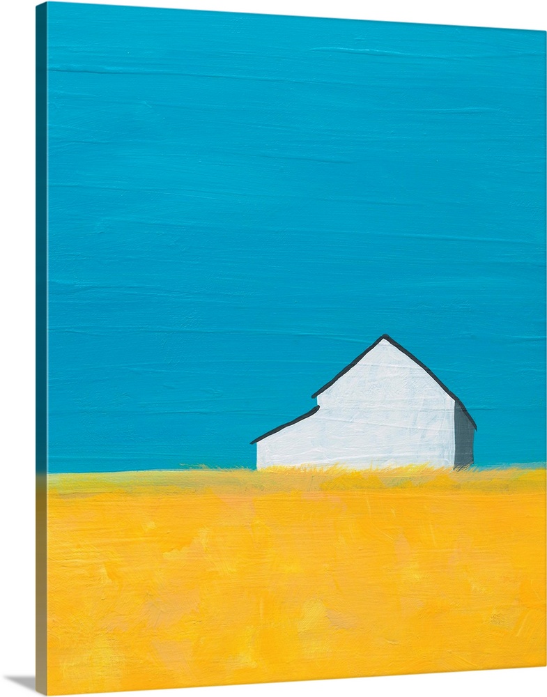 A rural white barn is placed in big sky country. Golden land and deep blue sky on a clear day. a modern take on a country ...