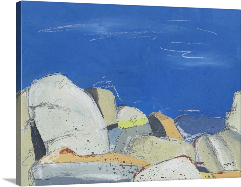 A contemporary abstract landscape with large rounded boulders in neutral shades underneath a clear blue sky