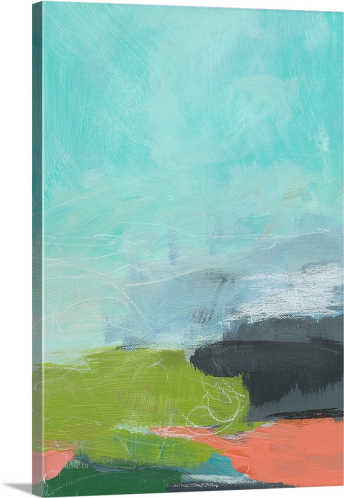 Abstract landscape painting in cool shades of blue, green, and orange.