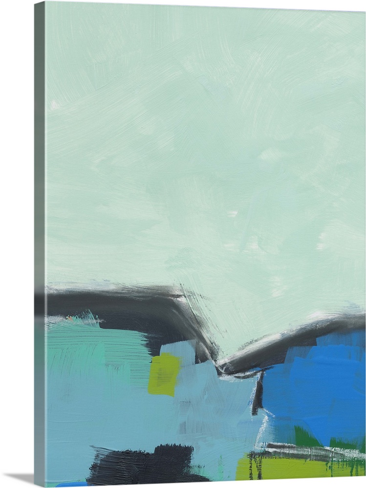 Abstract landscape painting in cool shades of blue, green, and grey.
