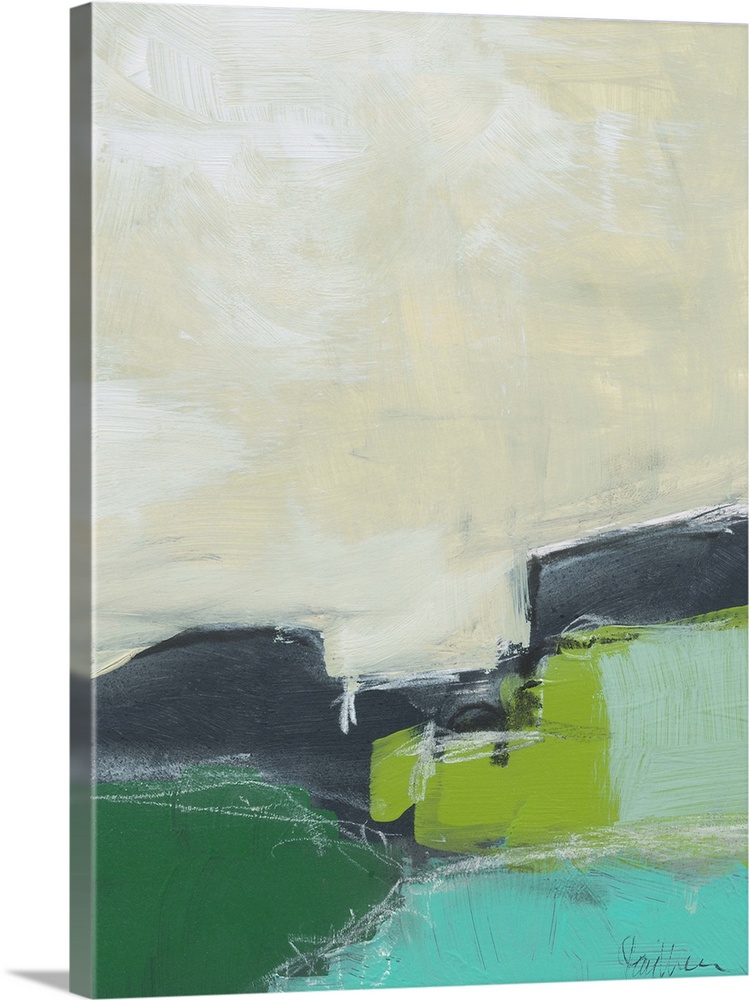 Abstract landscape painting in cool shades of blue, green, and grey.