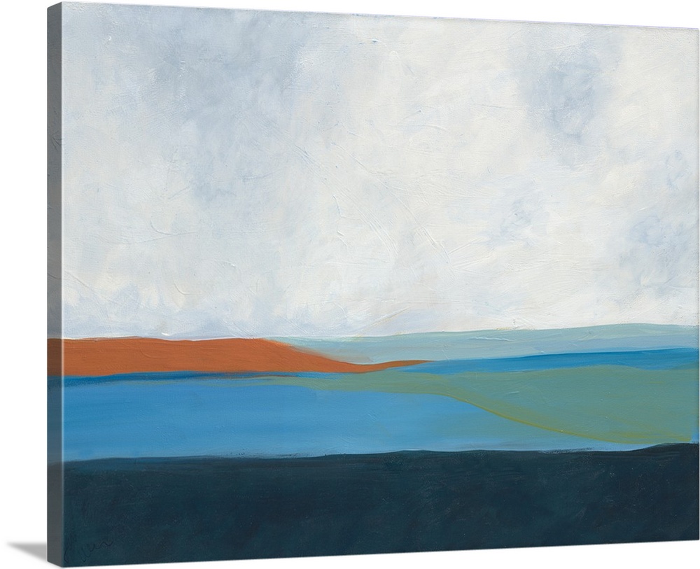 A contemporary abstract painting with blue, white, green, and orange hues layered on top of each other.