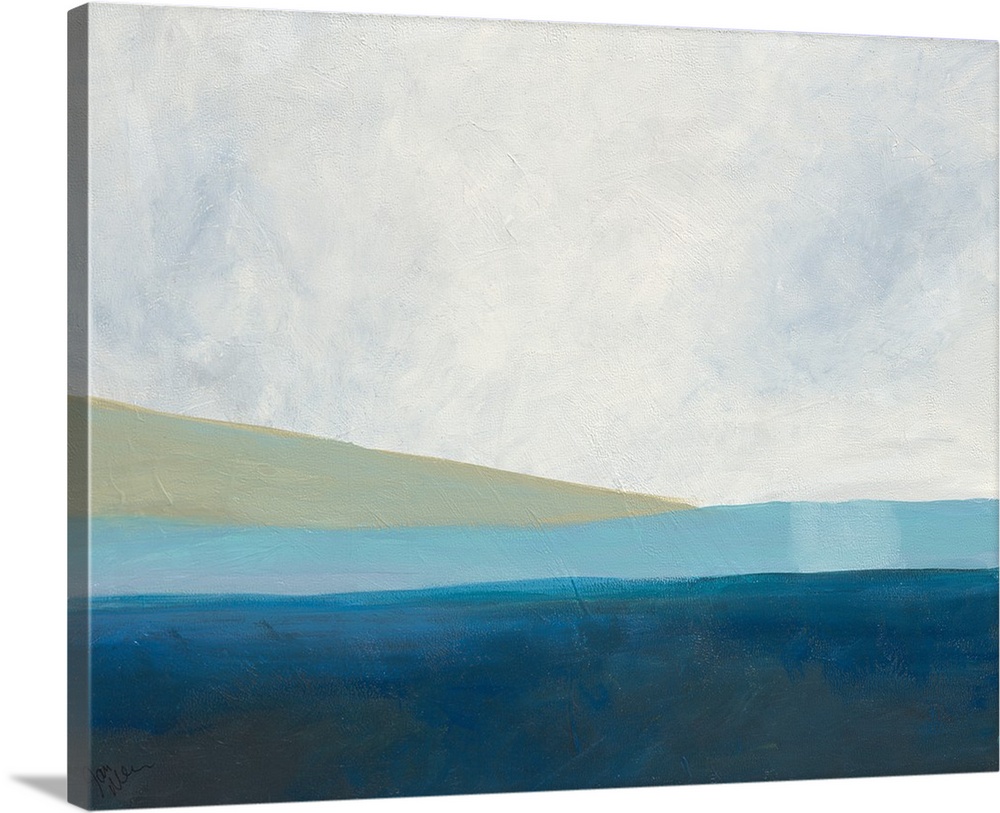 A contemporary abstract painting with blue, white, and tan hues layered on top of each other.