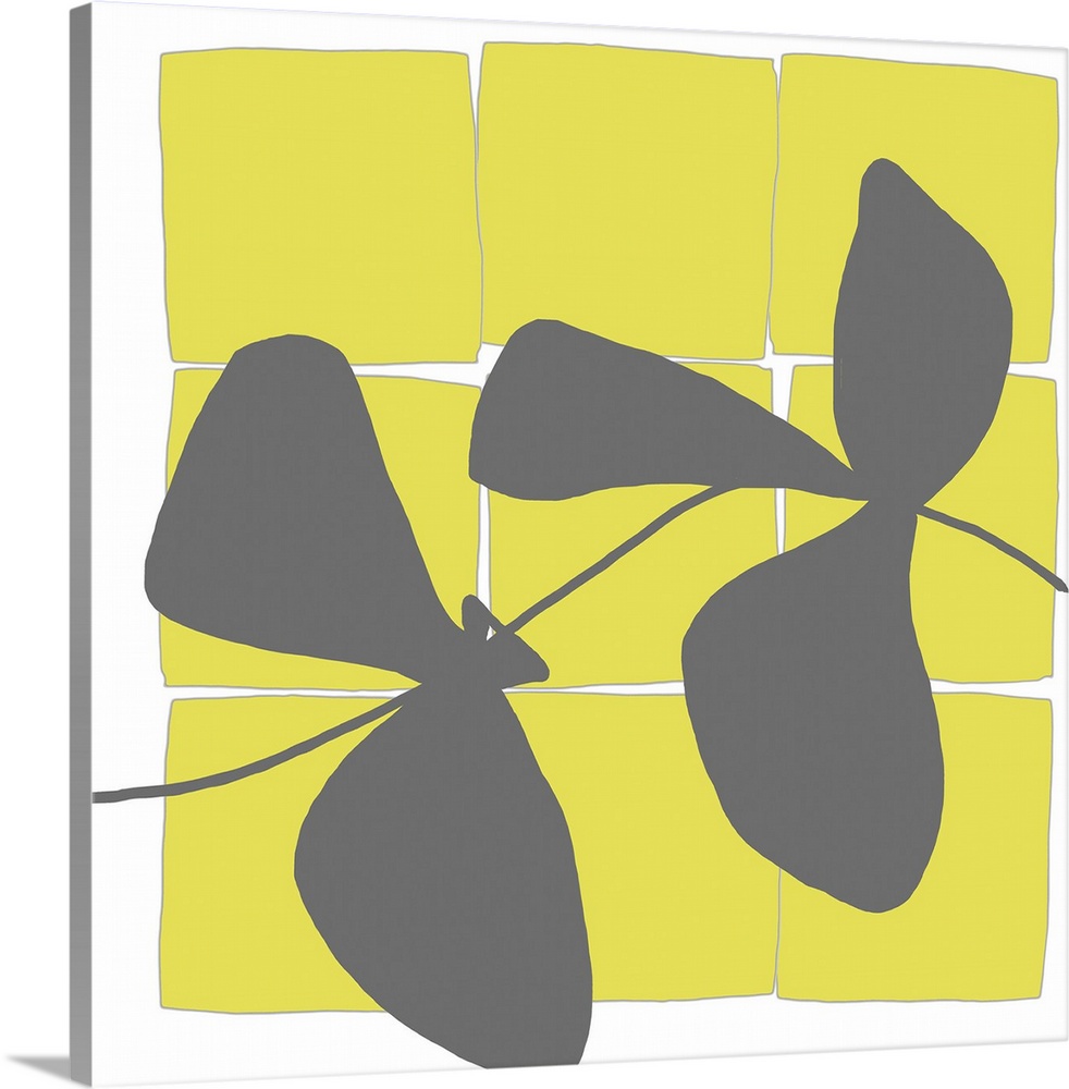 Modern art vector display of bright yellow squares and a grey silhouettes of leaves running through the piece.