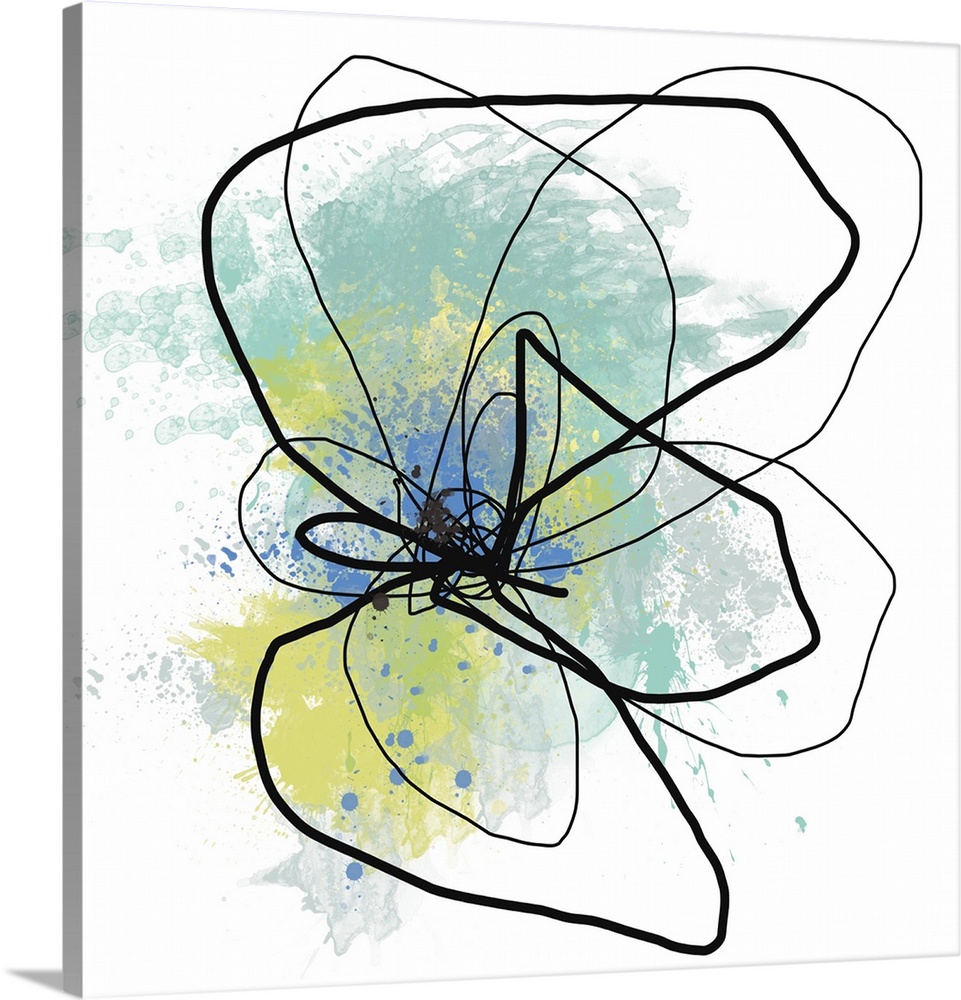Mixed digital art piece of and outline of a flower head with cool color paint splashes representing the flowers color.