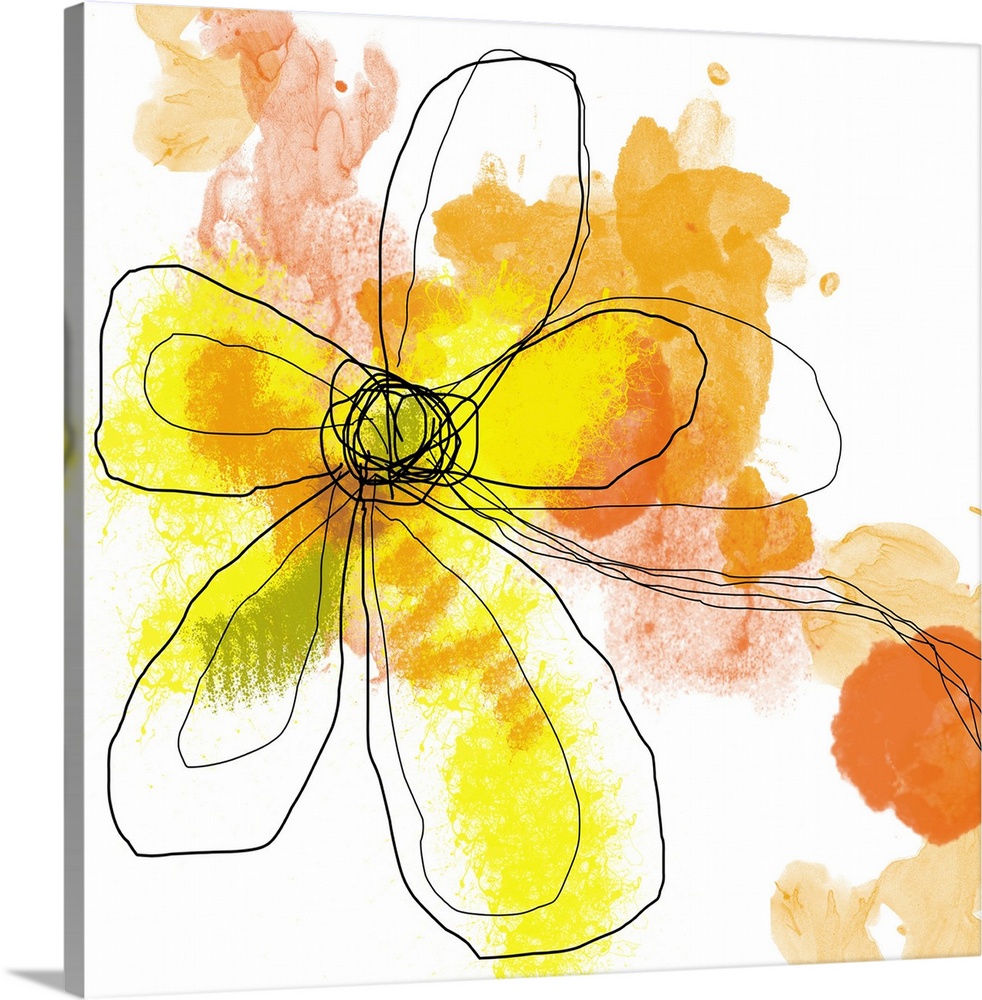Huge contemporary art shows an illustration of an outlined flower with a background composed of a few bright colors.