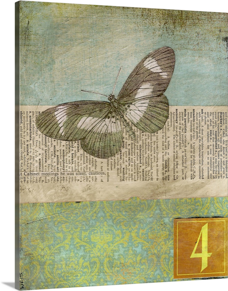 I created this with newsprint, a vintage butterfly and scrap paper. The pieces were glued onto a canvas substrate and coat...