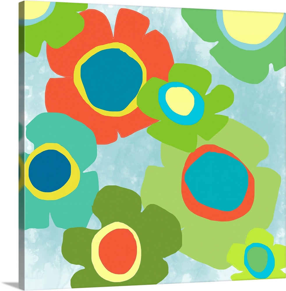 A mod pop botanical with modern style with retro inspiration. Crisp green and a pop of tangerine on a watercolor backgroun...