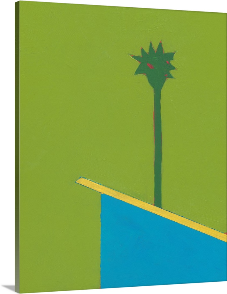 Modern painting of an angled rooftop with a single palm tree rising above it, on a bright green background.