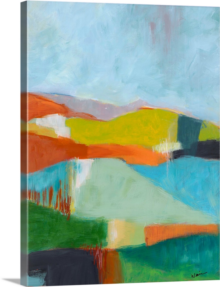 Contemporary painting of a colorful, abstract landscape with rolling hills.