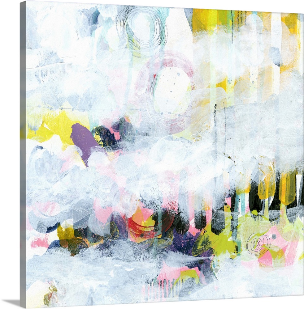 Contemporary abstract painting with bright purple and yellow shapes partially covered in white.