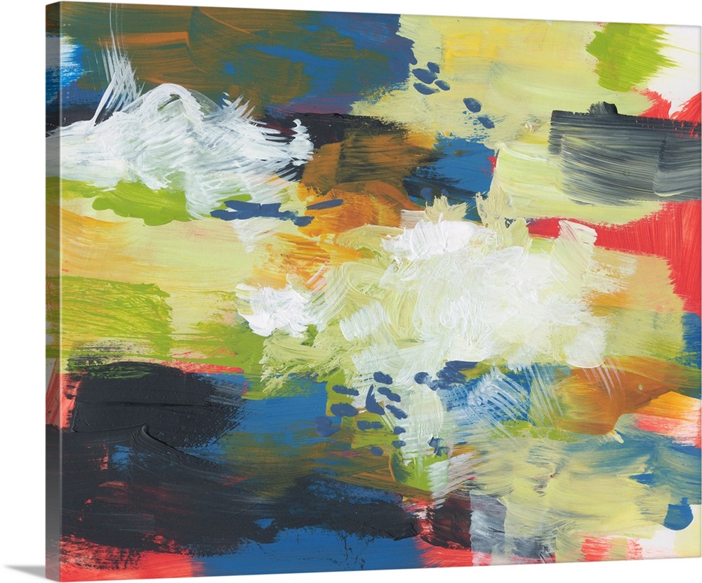 Abstract painting with vibrant colors and textured brushstrokes with busy motion.