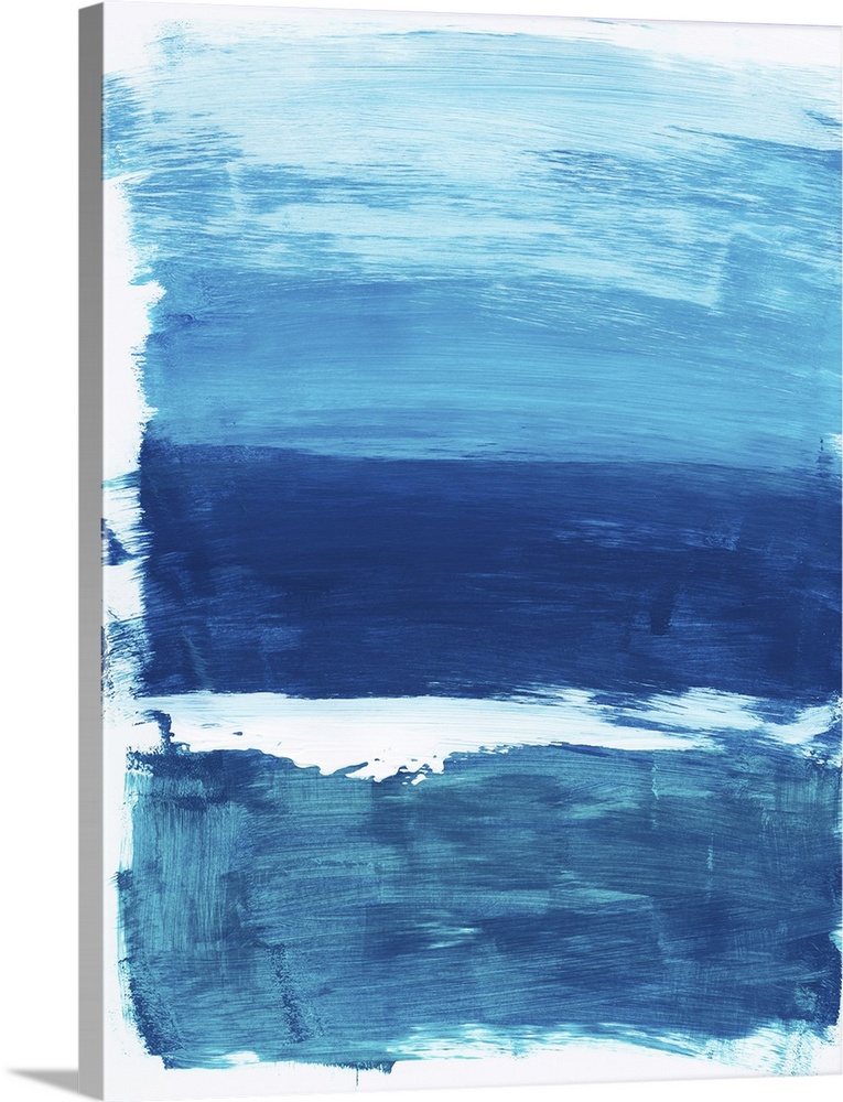 Vertical abstract landscape painting of an ocean using horizontal, broad brush strokes in blue and white.