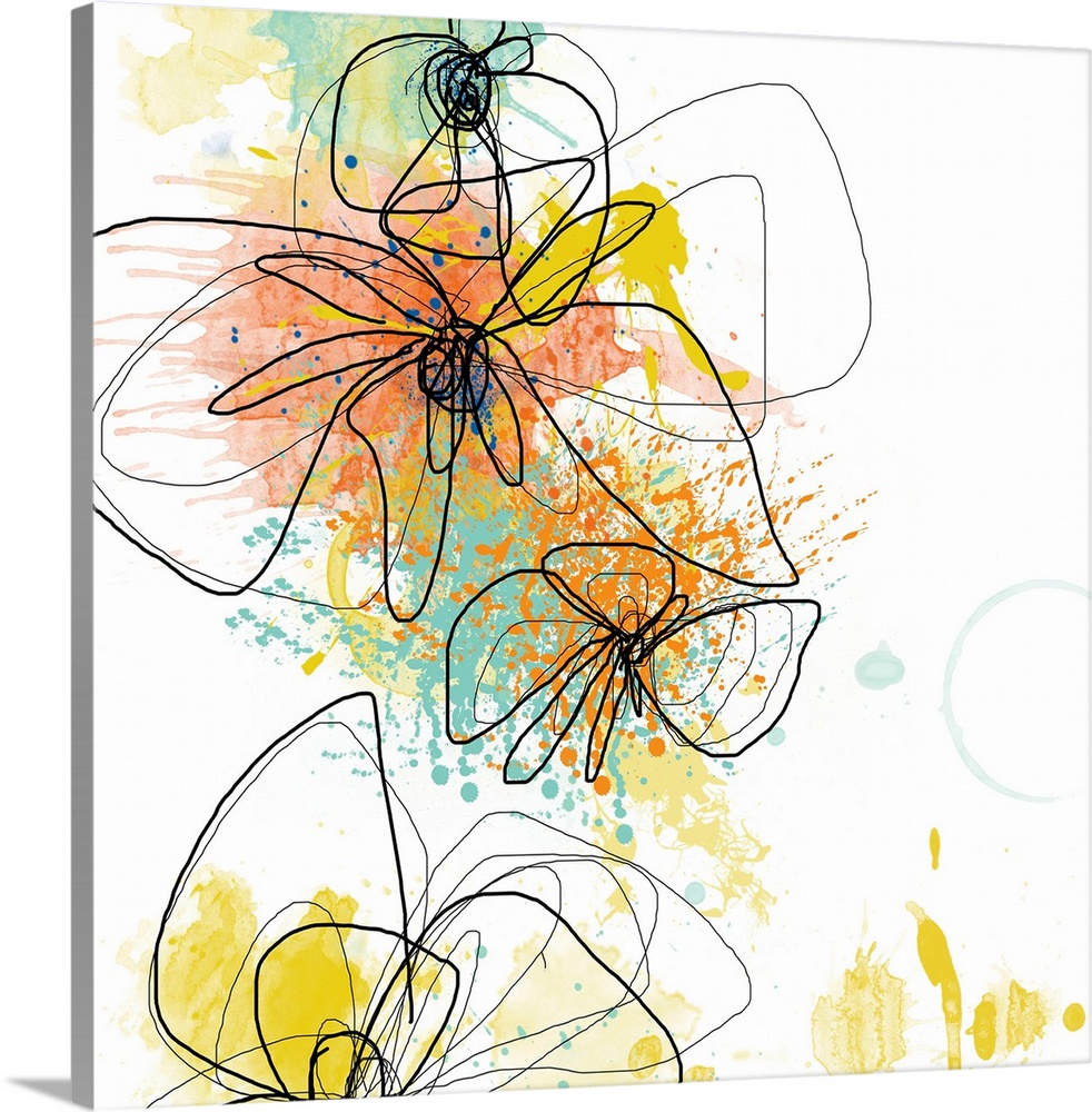 Large contemporary art shows an illustration of a few outlined flowers against a backdrop interspersed with splashes of br...