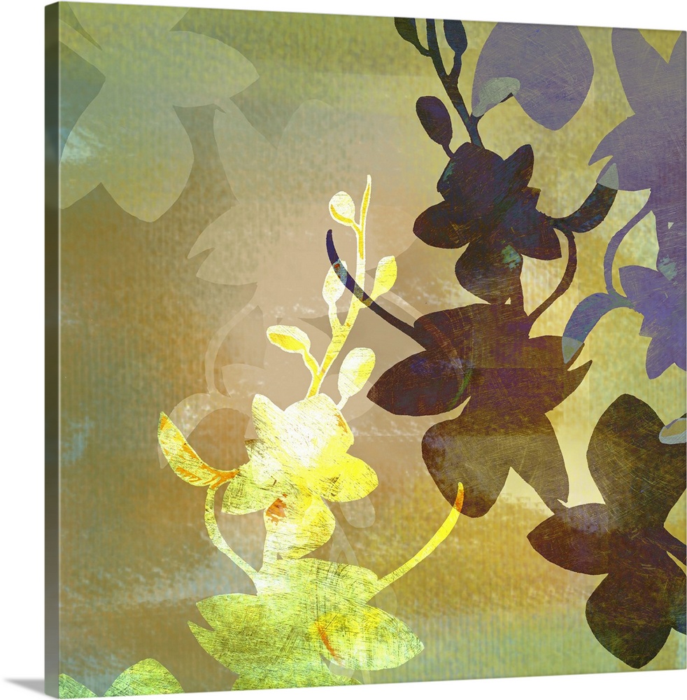 Square, large artwork outlining several groups of orchids, in a variety of golden and darker colors and textures from ligh...