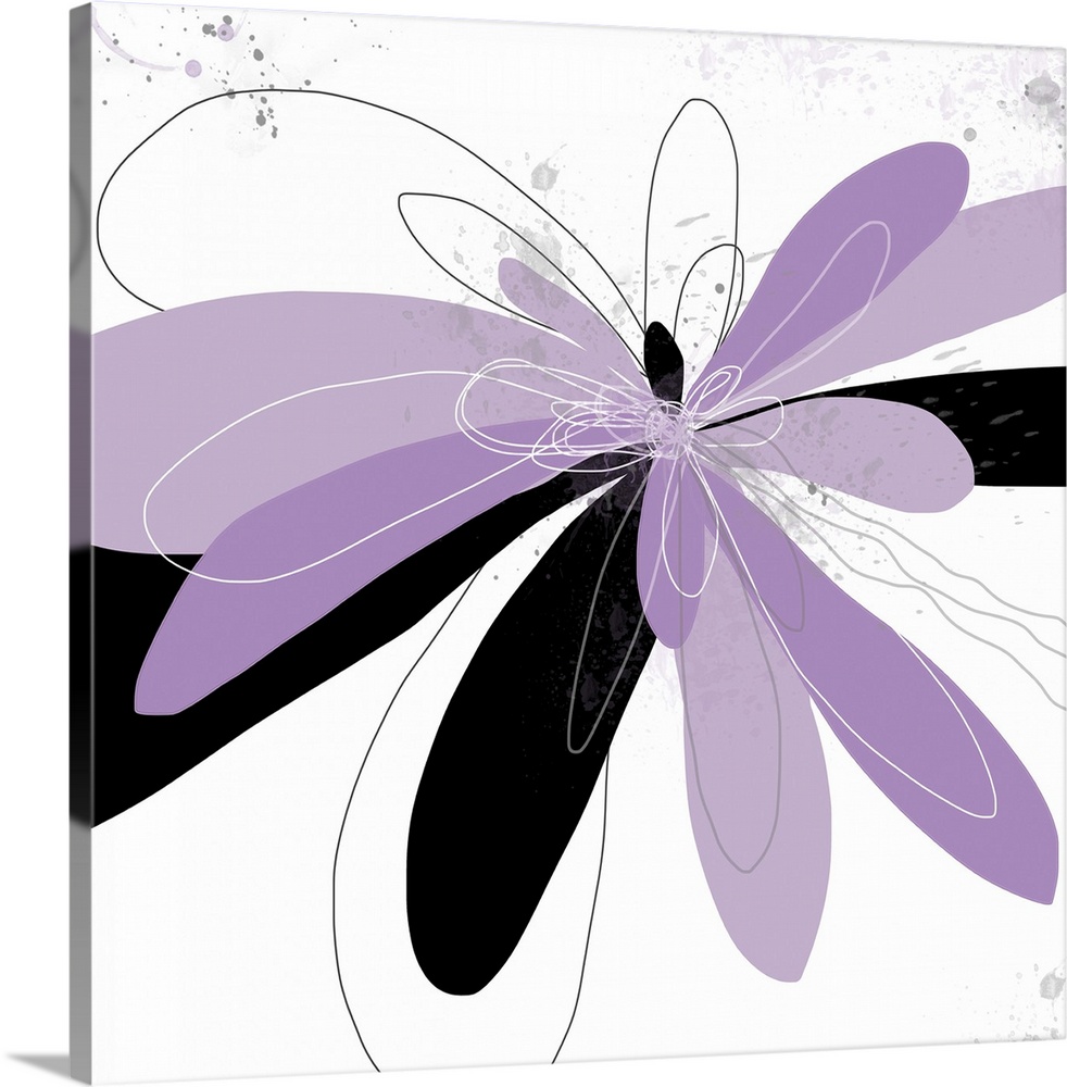 A contemporary flower floats effortlessly on a white background. Layered in shades of orchid with black accents for depth....