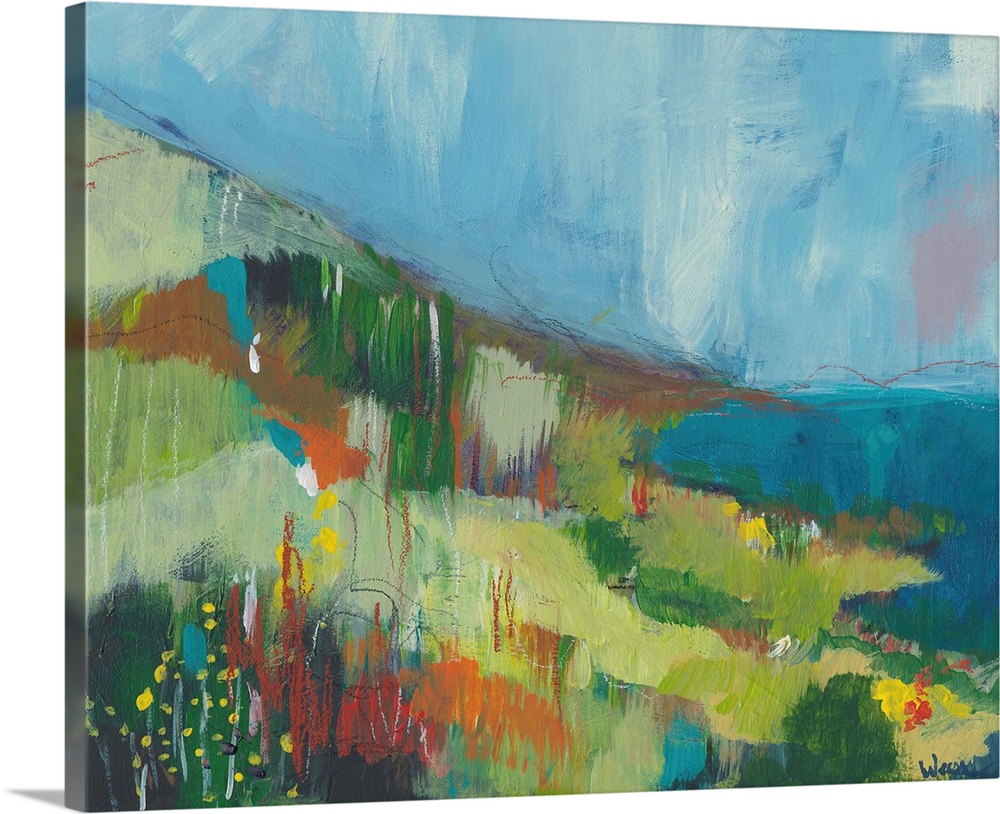 Abstract landscape painting of the pacific coast done if varies shades of green and blue.