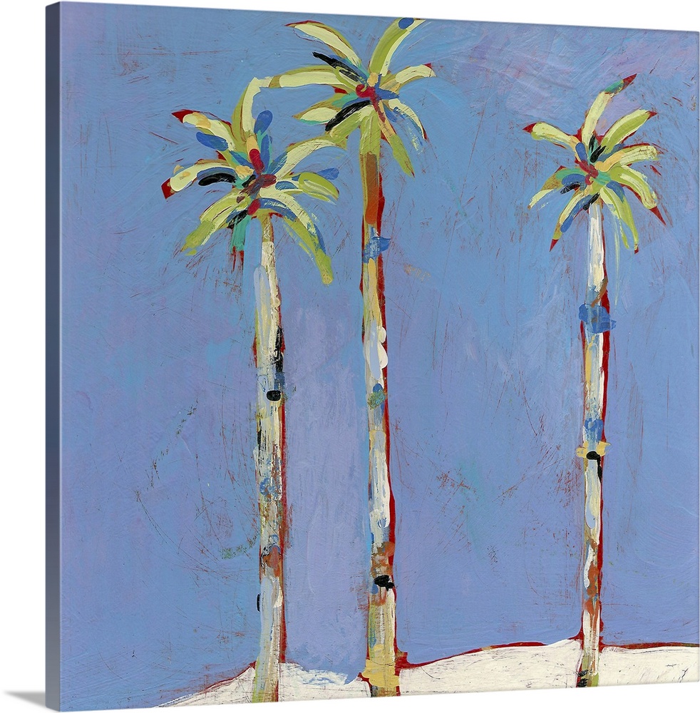 Square, contemporary painting of three tall palm trees against a background of blue. Painted with brushstrokes of all dire...