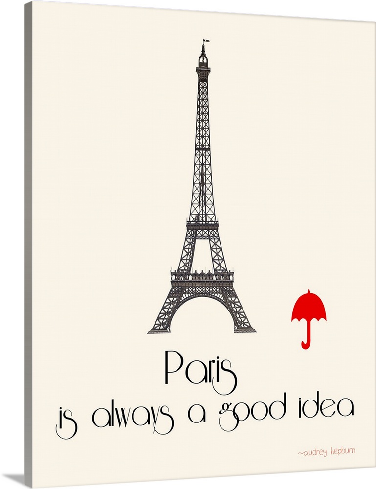 Contemporary minimalist artwork of the Eiffel Tower with a bright red umbrella image next to it.