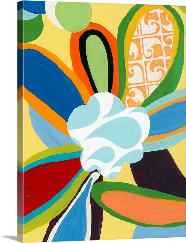 Big canvas painting of a brightly colored flower with other flower petals poking into the frame layered around it.