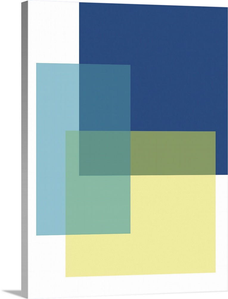 Abstract geometric painting of rectangular overlapping shapes in blue and yellow on white.