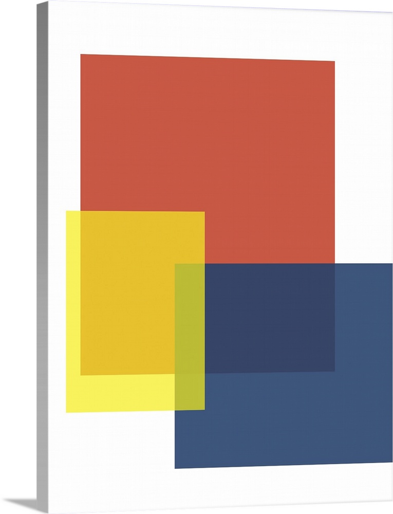 Abstract geometric painting of rectangular overlapping shapes in blue, red, and yellow on white.