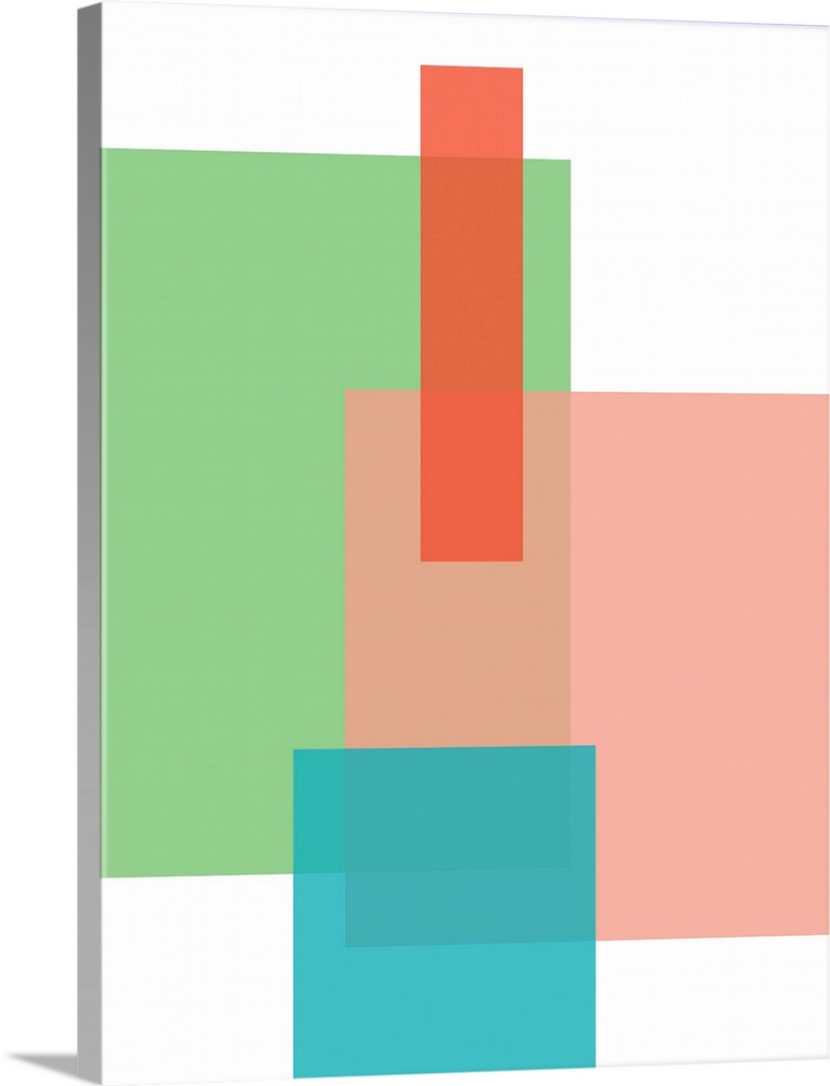 Abstract geometric painting of rectangular overlapping shapes in blue, green, and pink on white.